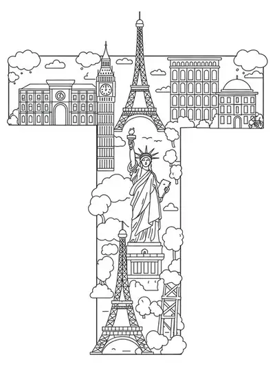 Letter T with simple outlines of famous travel landmarks