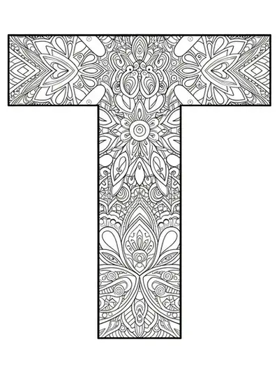 Letter T formed from geometric tessellation and mandala patterns, high in complexity and detail for adult coloring.