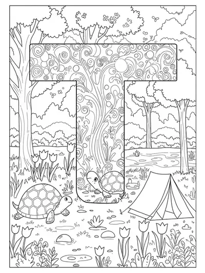 Letter T with trees, turtles, tulips, and a tent on a nature trail