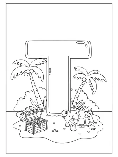 Letter T coloring page with palm tree, turtle, and treasure chest on an island.
