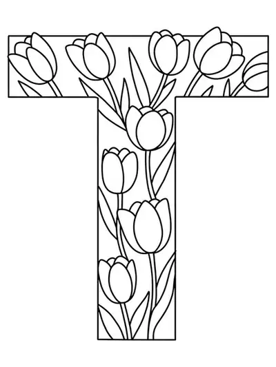 Big letter T with several easy tulip flowers around it.
