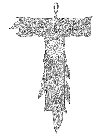 Detailed Letter T with bohemian patterns, dreamcatchers, feathers, and mandalas, hard coloring page for teens.