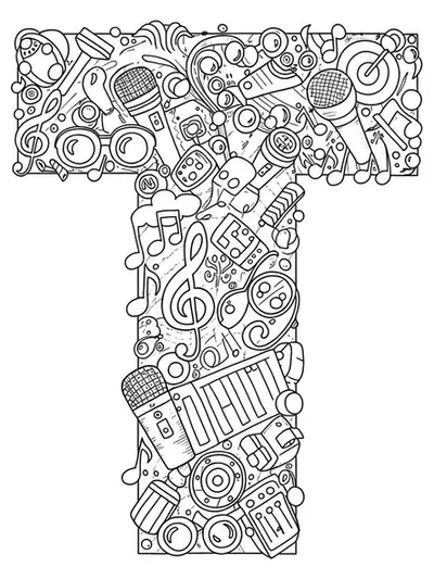 Intricate Letter T with detailed musical notes, stage lights, and K-Pop accessory patterns, hard coloring page for teens.