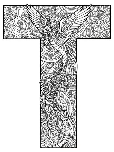 Intricate Letter T entwined with mythical tattoo patterns such as dragons, phoenixes, and mandalas, hard difficulty for teens.