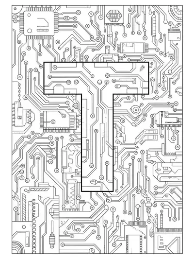 Letter T filled and surrounded by intricate futuristic circuitry and electronic patterns for adult colorists.