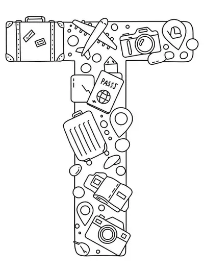 Easy coloring page of the letter T with travel icons like a suitcase, airplane, passport, and camera for teens.