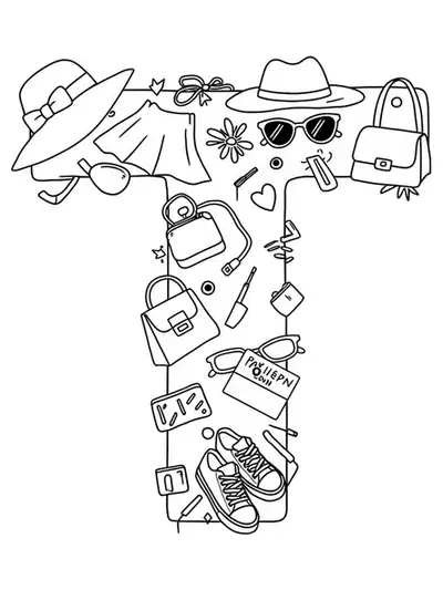 Easy coloring page of the letter T with trendy fashion accessories like hats, sunglasses, and sneakers for teens.