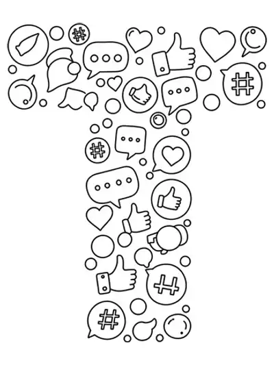 Easy coloring page of the letter T with social media icons like chat bubbles, hashtags, and hearts for teens.