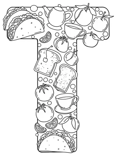Letter T with tacos, toast, tea, tomatoes, and tangerines