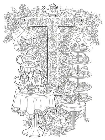 Detailed tea party scene with a large letter T, teacups, teapots, treats, and ornate table settings in complex line art.