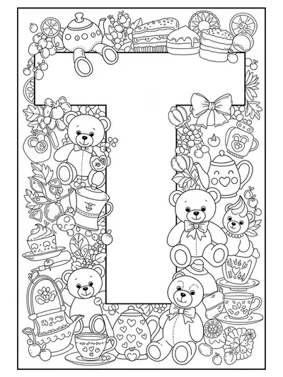 Letter T with teddy bears, teapots, teacups, and treats