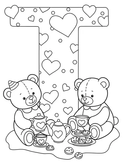 Letter T coloring page with teddy bears having a tea party.