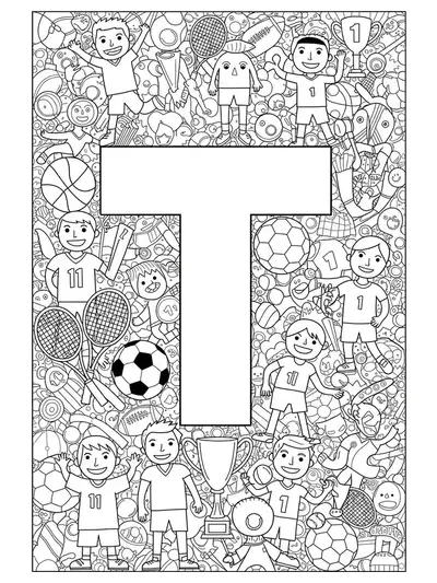 Intricate team sports scene with a letter T, balls, rackets, trophies, and sports equipment in detailed line art.