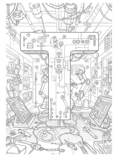 Complex technology lab scene with a letter T, robots, tablets, tools, and wires in detailed black and white line art.