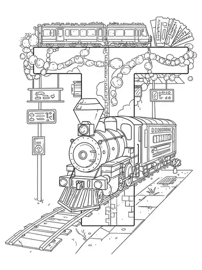 Complex train-themed coloring page with a large letter T, train engine, tracks, tickets, and station details, designed with fine lines.