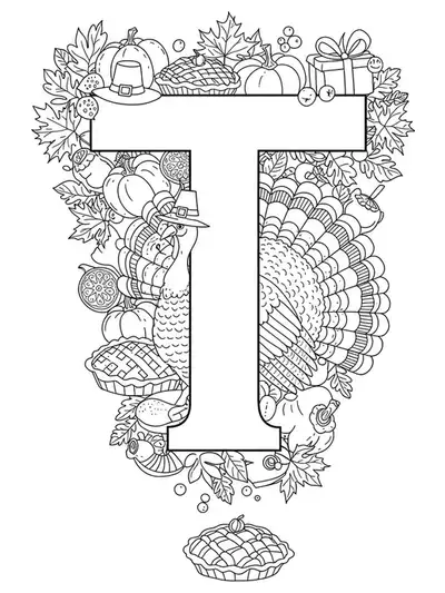 Intricate Thanksgiving scene with a letter T, detailed turkey, pies, fall leaves, and festive foods, all with complex line art.