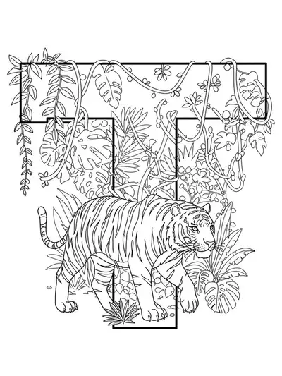 Intricate jungle scene with a letter T, detailed tiger, vines, and tropical foliage, all designed with complex outlines.