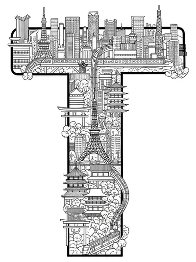 Detailed Tokyo cityscape with a letter T, skyscrapers, temples, trains, and city lights in complex line art.