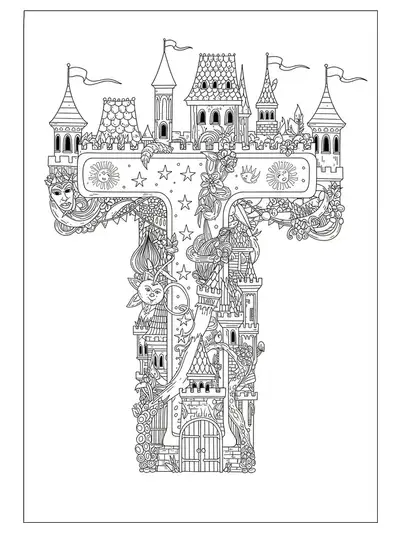 Fantasy castle scene with a letter T, detailed turrets, banners, rooftops, and hidden creatures, all in intricate line art.
