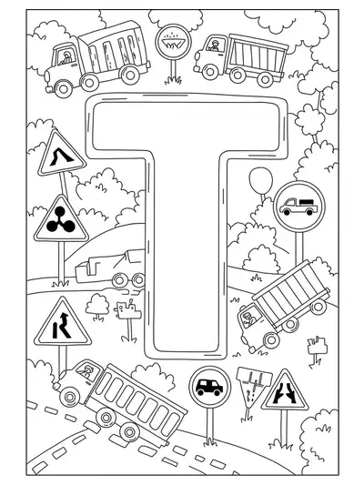A bold letter T with cartoon trucks and road signs around it.