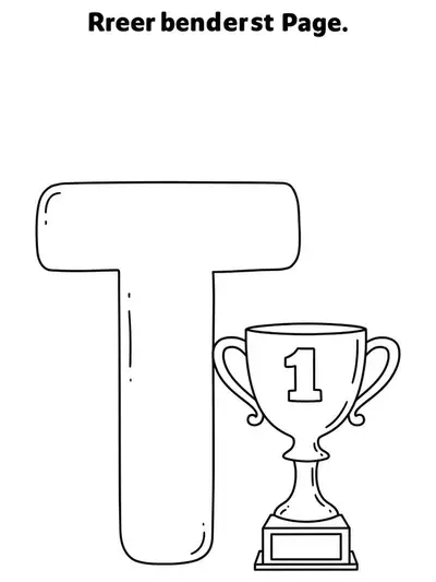 Simple coloring page with a big letter T and a basic trophy for preschool children.