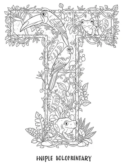 Detailed rainforest scene with a big letter T, toucans, tree frogs, twisting vines, and leafy trees, designed with complex line art.