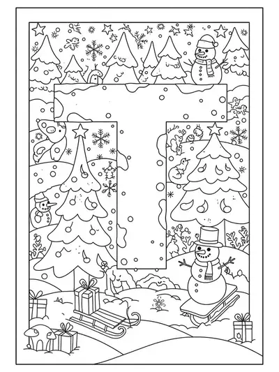 Letter T with snow-covered trees, stars, toboggans, and snowmen