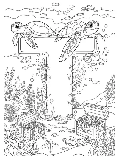 Complex under the sea scene with a large letter T surrounded by turtles, treasure, seaweed, and fish, designed for elementary children.