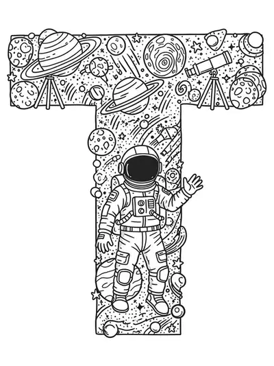 Intricate Letter T with cosmic galaxies, planets, stars, and astronaut elements, complex hard coloring page for teens.