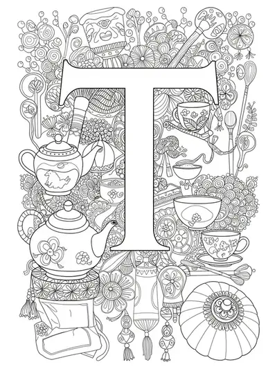 Letter T surrounded by intricate illustrations of tea ceremony utensils and decorative elements for adults.