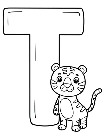 Large letter T with a smiling cartoon tiger standing next to it.