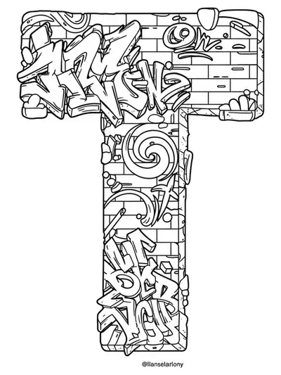 Detailed Letter T filled with graffiti tags, brick textures, and urban art patterns, difficult coloring page for teens.