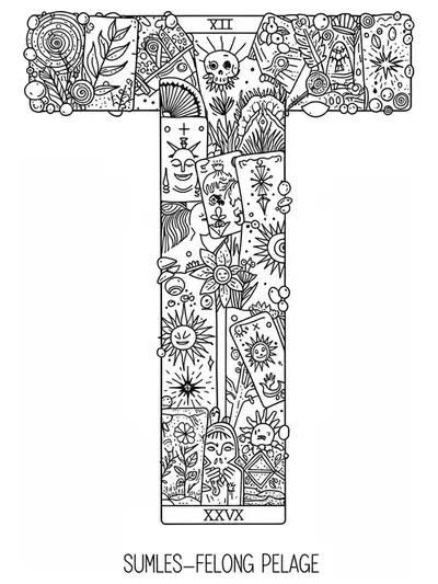 Letter T decorated with intricate tarot symbols, cards, and mystical designs for adult coloring.