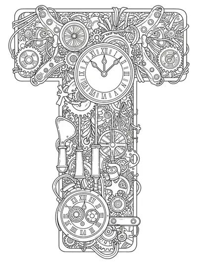 Letter T intertwined with complex steampunk clock mechanisms, gears, and Victorian patterns, designed for adults.