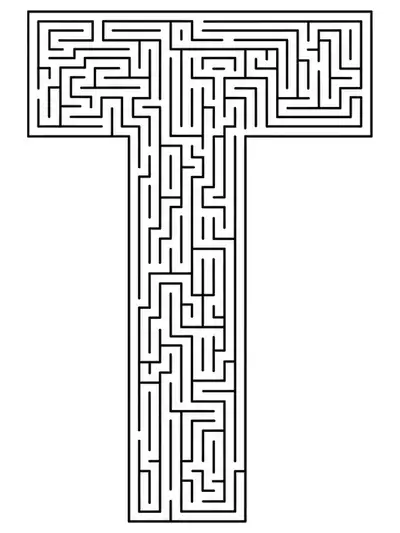 Letter T constructed from an elaborate labyrinth maze pattern with complex pathways for adult coloring.