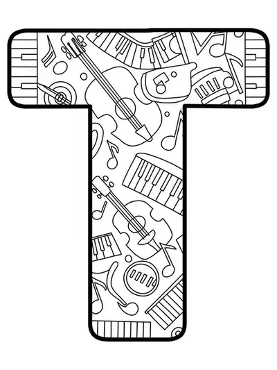 Letter T with easy music notes and instrument outlines