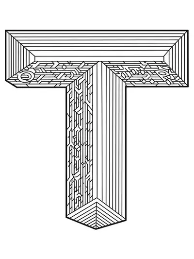 Complex Letter T with optical illusion geometric shapes, tessellations, and 3D patterns, hard coloring page for teens.