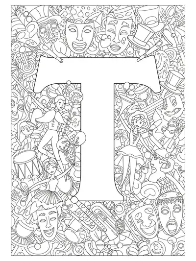 Letter T with dancers, trumpets, tambourines, top hats, and theater masks