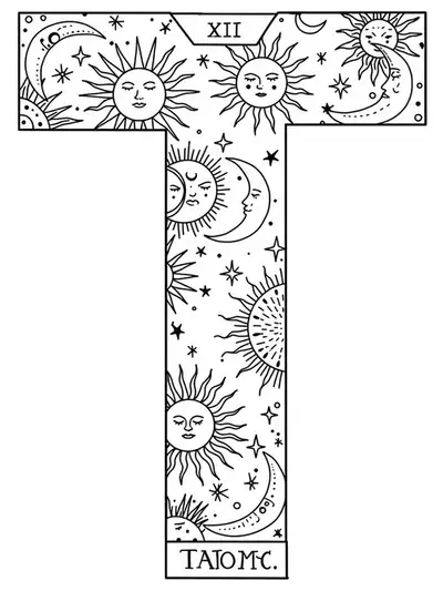 Letter T with tarot symbols like sun, moon, and stars, medium detail for adult coloring.