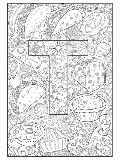 Letter T coloring page with detailed images of tacos, toast, and tarts, featuring hard-level intricate line art.