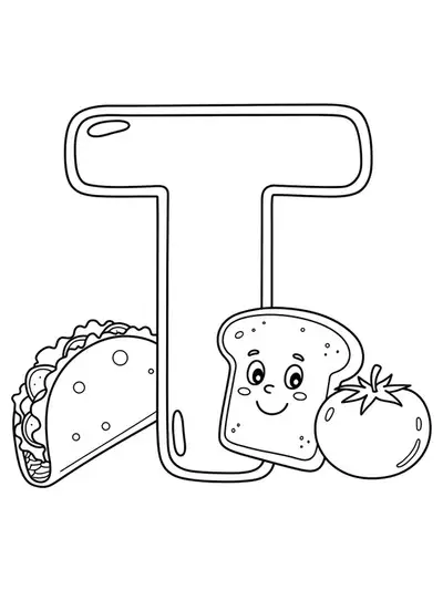 Big letter T with cartoon taco, toast, and tomato illustrations around it.