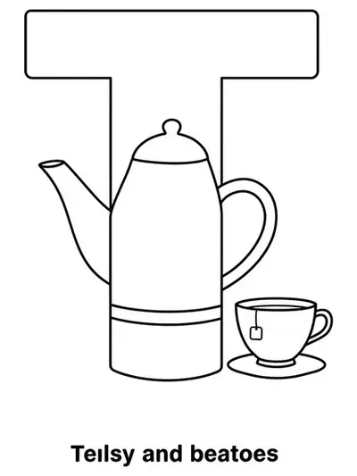 Easy coloring page showing a large letter T with a teapot and teacup for preschoolers.