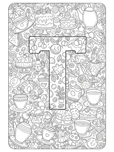 Letter T surrounded by tea time treats like cakes, cookies, and teacups, medium detail for adult coloring.