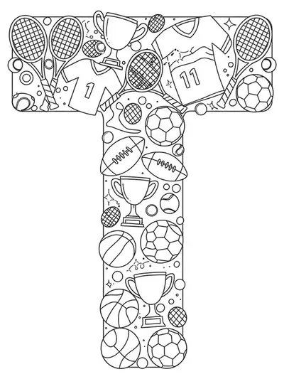 Letter T coloring page with detailed sports equipment, jerseys, tennis rackets, and trophies for preschool kids.
