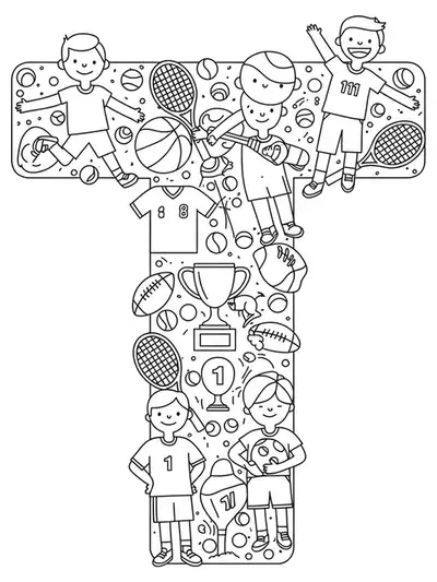 Letter T with sports players, trophies, tennis rackets, and team jerseys
