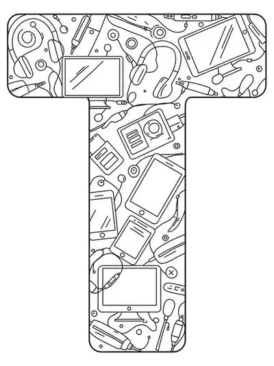 Black and white line art of the letter T decorated with tech gadgets like headphones, smartphones, and tablets, medium detail level for teens.