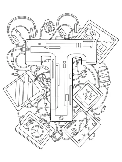 Letter T surrounded by detailed outlines of technology gadgets like tablets and headphones, medium detail for adults.