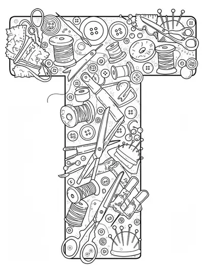 Letter T embellished with textile art items like scissors, spools, and thread, medium detail for adults.