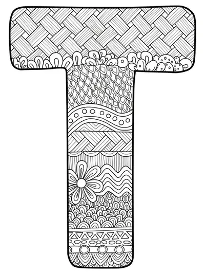 Letter T filled and surrounded by textile, woven, and knitted patterns, medium detail for adult coloring.