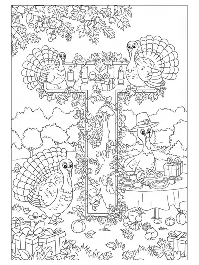 Letter T coloring page with turkeys, Thanksgiving table, and autumn leaves, with intricate holiday details.